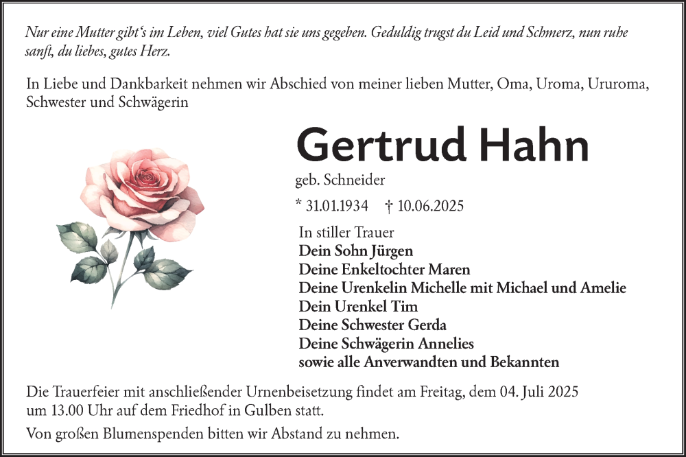  Traueranzeige für Gertrud Hahn vom 28.06.2025 aus Lausitzer Rundschau