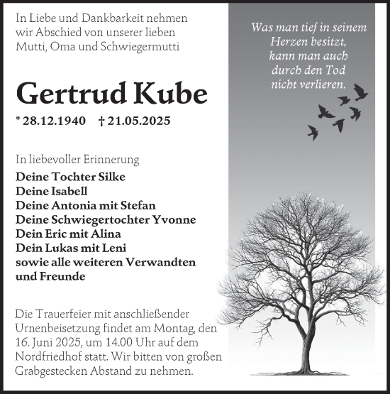 Traueranzeige von Gertrud Kube von Lausitzer Rundschau