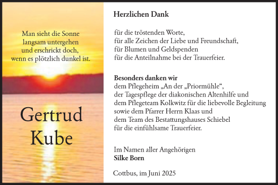 Traueranzeige von Gertrud Kube von Lausitzer Rundschau