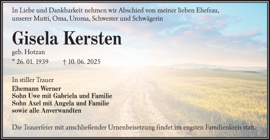 Traueranzeige von Gisela Kersten von Lausitzer Rundschau