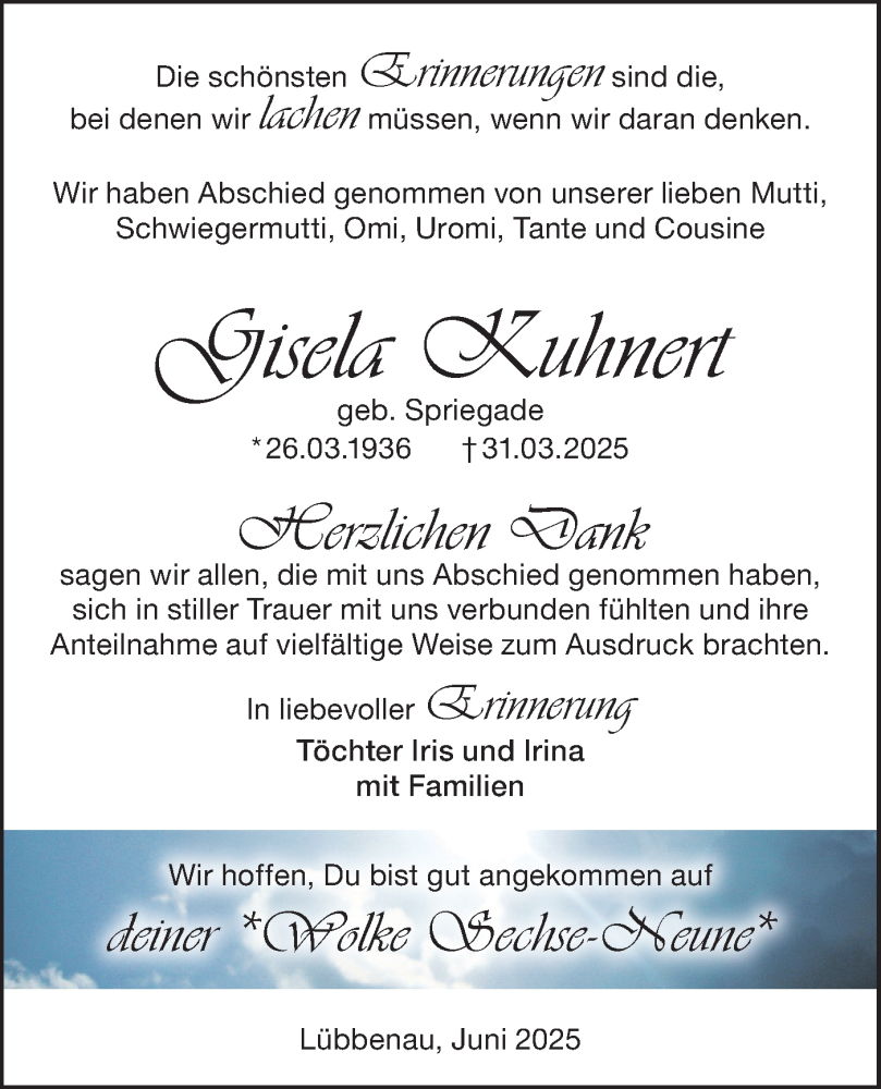  Traueranzeige für Gisela Kuhnert vom 07.06.2025 aus Lausitzer Rundschau