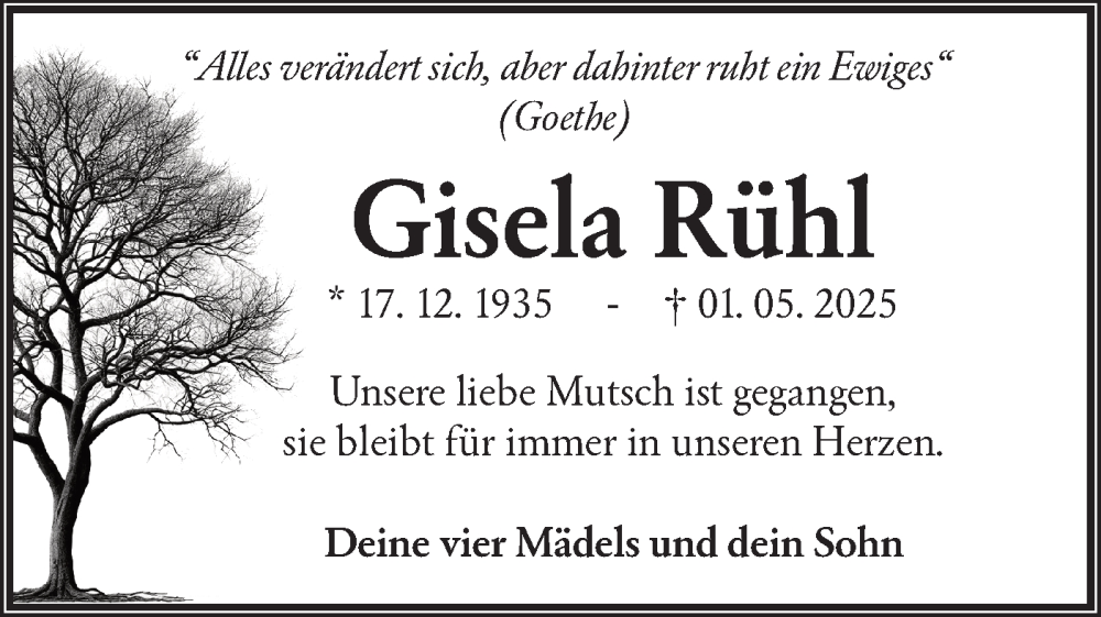  Traueranzeige für Gisela Rühl vom 07.06.2025 aus Lausitzer Rundschau