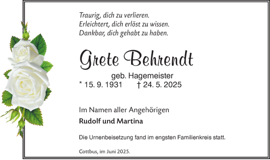 Traueranzeige von Grete Behrendt von Lausitzer Rundschau