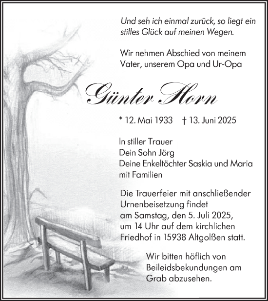 Traueranzeige von Günter Horn von Lausitzer Rundschau