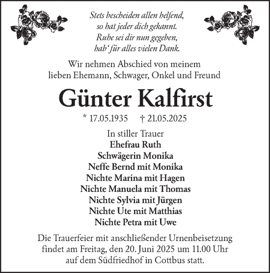 Traueranzeige von Günter Kalfirst von Lausitzer Rundschau