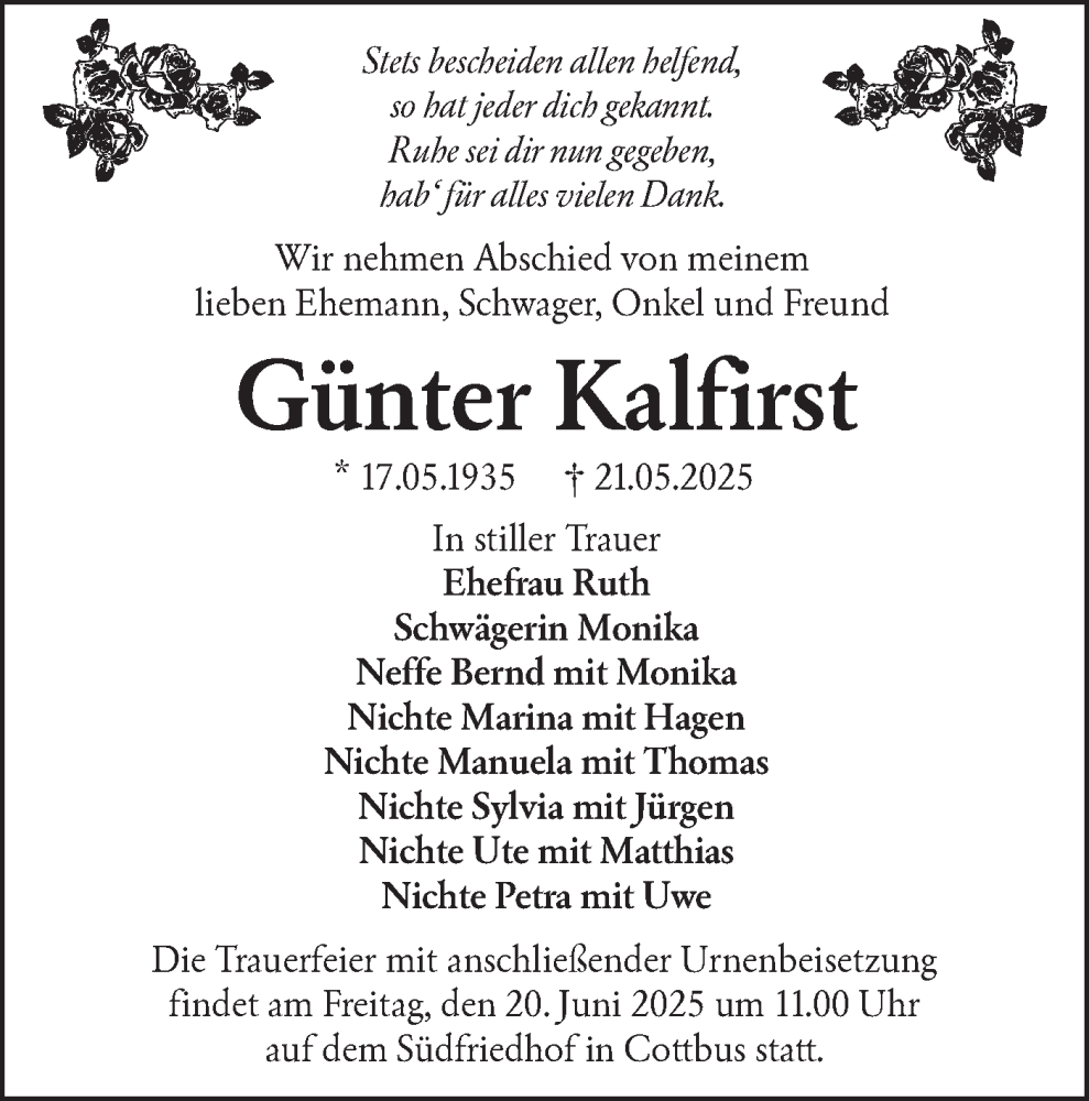  Traueranzeige für Günter Kalfirst vom 07.06.2025 aus Lausitzer Rundschau