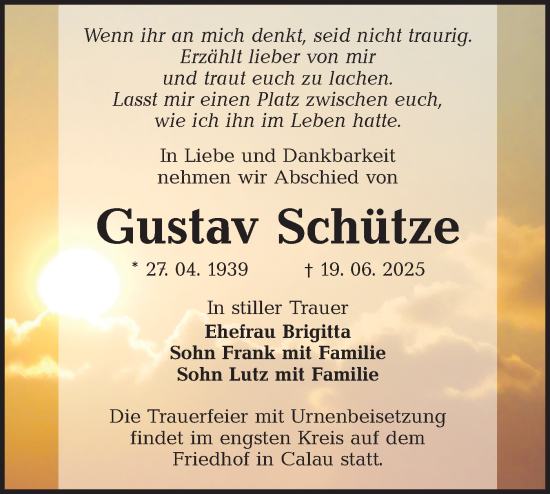 Traueranzeige von Gustav Schütze von Lausitzer Rundschau