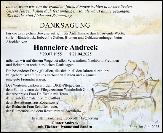 Traueranzeige von Hannelore Andreck von Lausitzer Rundschau