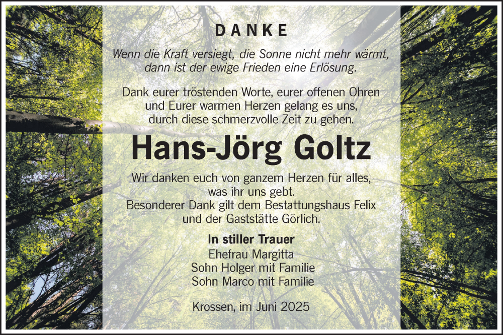 Traueranzeige für Hans-Jörg Goltz vom 21.06.2025 aus Lausitzer Rundschau