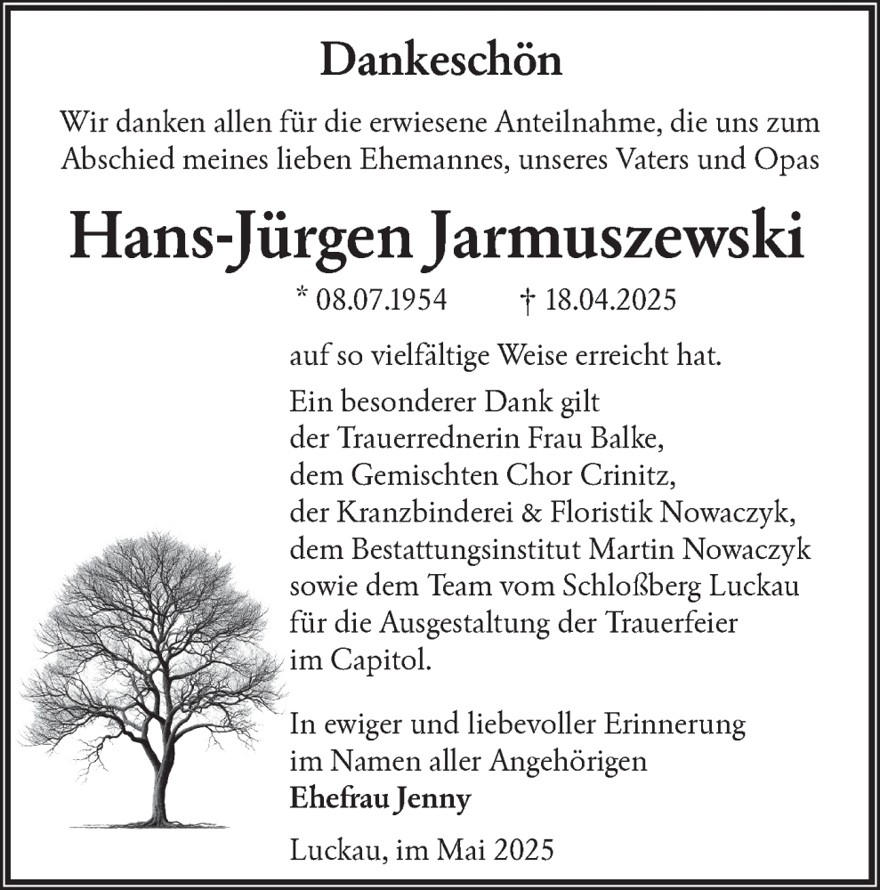  Traueranzeige für Hans-Jürgen Jarmuszewski vom 14.06.2025 aus Lausitzer Rundschau