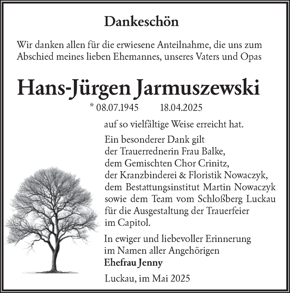  Traueranzeige für Hans-Jürgen Jarmuszewski vom 21.06.2025 aus Lausitzer Rundschau