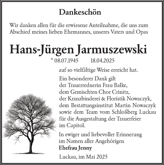 Traueranzeige von Hans-Jürgen Jarmuszewski von Lausitzer Rundschau