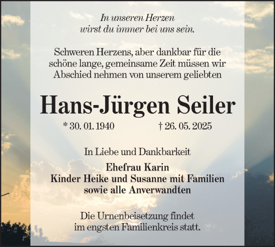 Traueranzeige von Hans-Jürgen Seiler von Lausitzer Rundschau