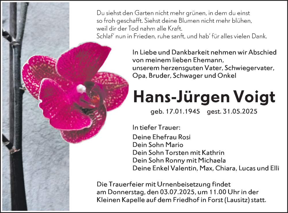  Traueranzeige für Hans-Jürgen Voigt vom 21.06.2025 aus Lausitzer Rundschau