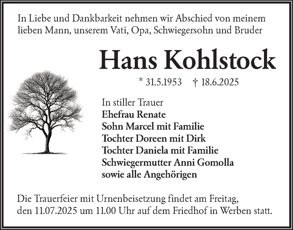  Traueranzeige für Hans Kohlstock vom 28.06.2025 aus Lausitzer Rundschau