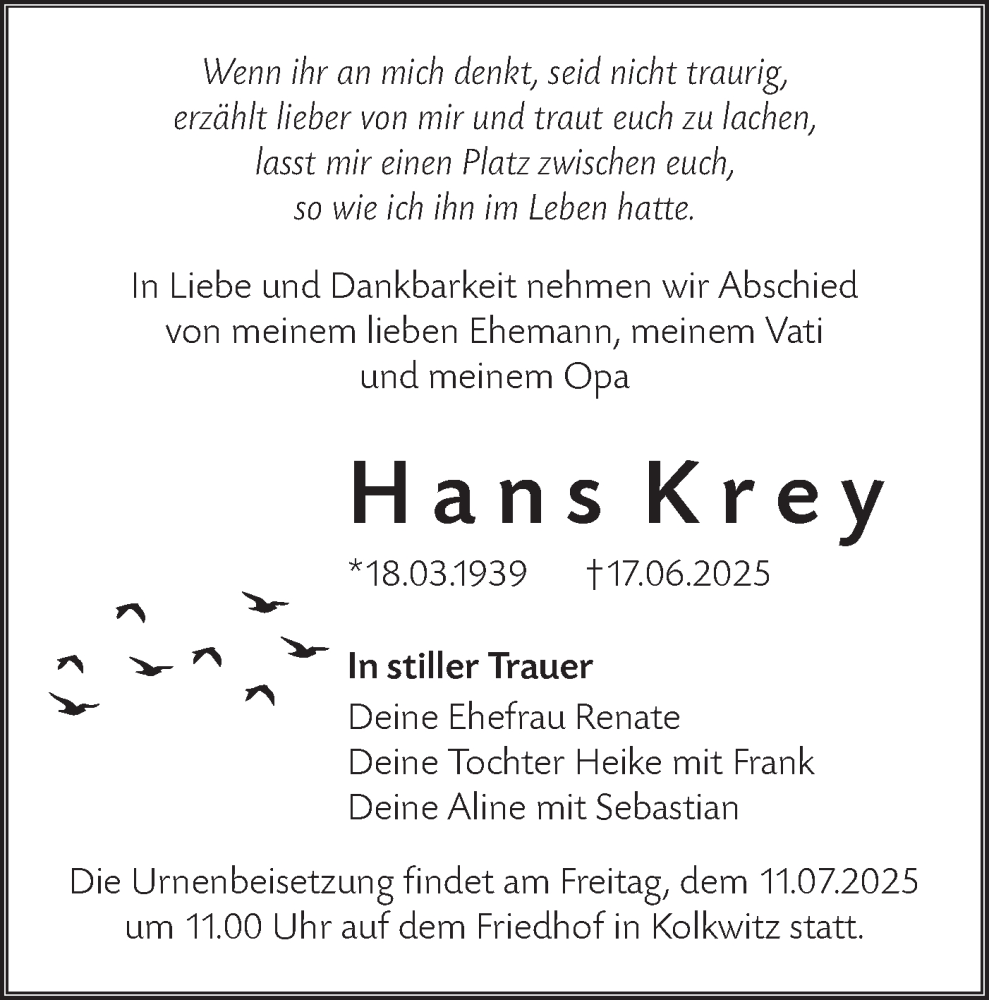  Traueranzeige für Hans Krey vom 28.06.2025 aus Lausitzer Rundschau