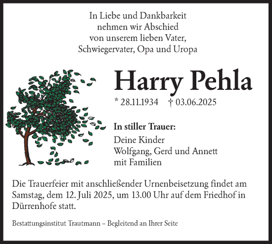 Traueranzeige von Harry Pehla von Lausitzer Rundschau
