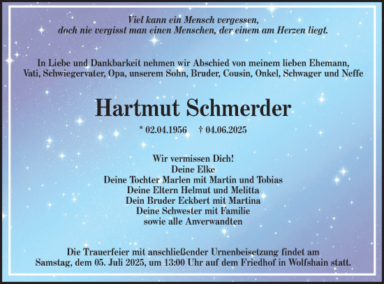 Traueranzeige von Hartmut Schmerder von Lausitzer Rundschau