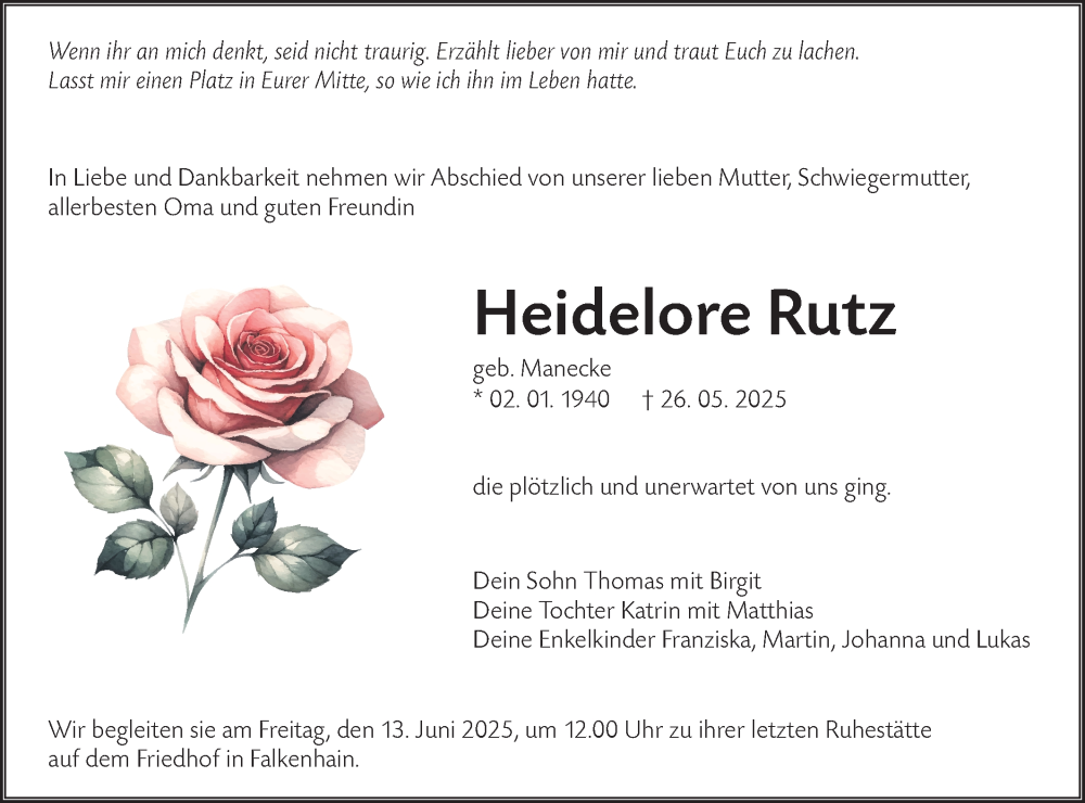  Traueranzeige für Heidelore Rutz vom 07.06.2025 aus Lausitzer Rundschau