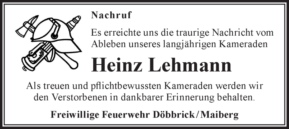  Traueranzeige für Heinz Lehmann vom 14.06.2025 aus Lausitzer Rundschau
