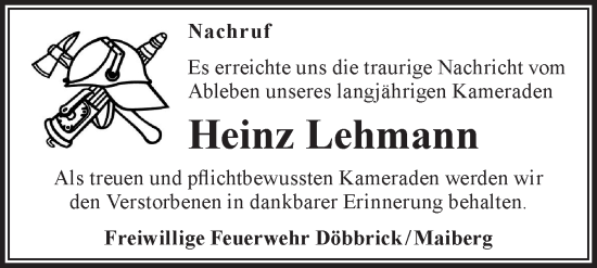 Traueranzeige von Heinz Lehmann von Lausitzer Rundschau