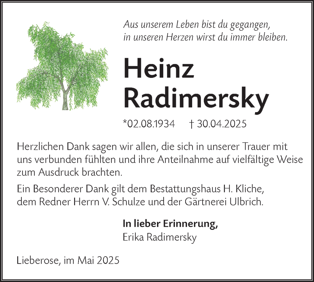  Traueranzeige für Heinz Radimersky vom 07.06.2025 aus Lausitzer Rundschau