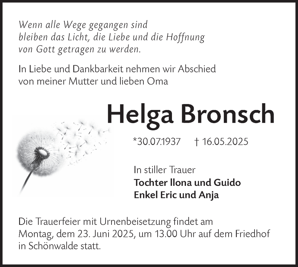  Traueranzeige für Helga Bronsch vom 07.06.2025 aus Lausitzer Rundschau