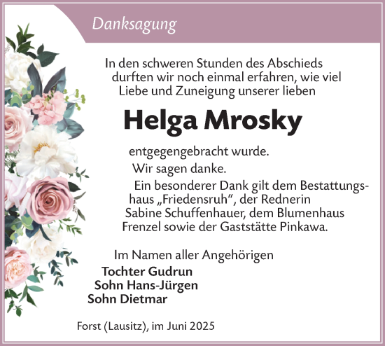Traueranzeige von Helga Mrosky von Lausitzer Rundschau