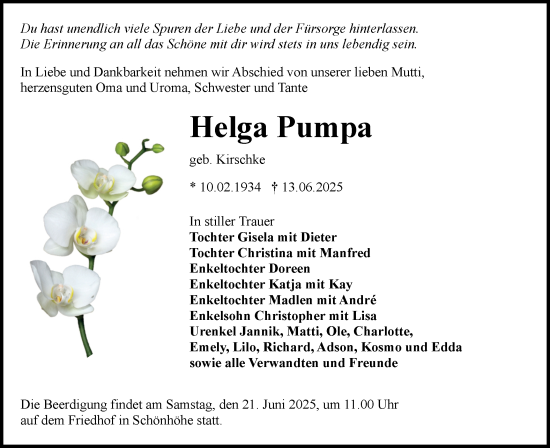 Traueranzeige von Helga Pumpa von Lausitzer Rundschau