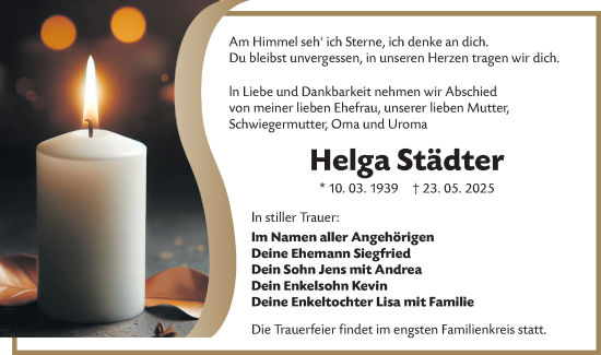 Traueranzeige von Helga Städter von Lausitzer Rundschau