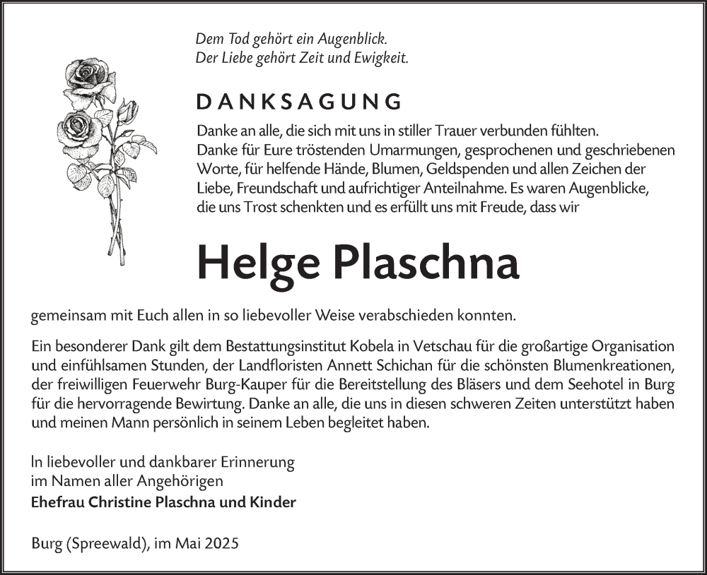  Traueranzeige für Helge Plaschna vom 14.06.2025 aus Lausitzer Rundschau