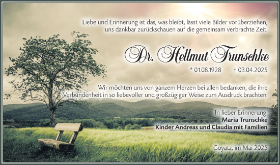 Traueranzeige von Hellmut Trunschke von Lausitzer Rundschau