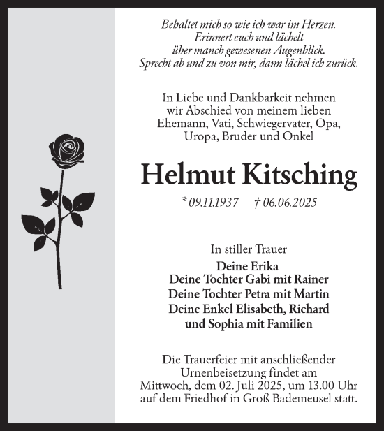 Traueranzeige von Helmut Kitsching von Lausitzer Rundschau