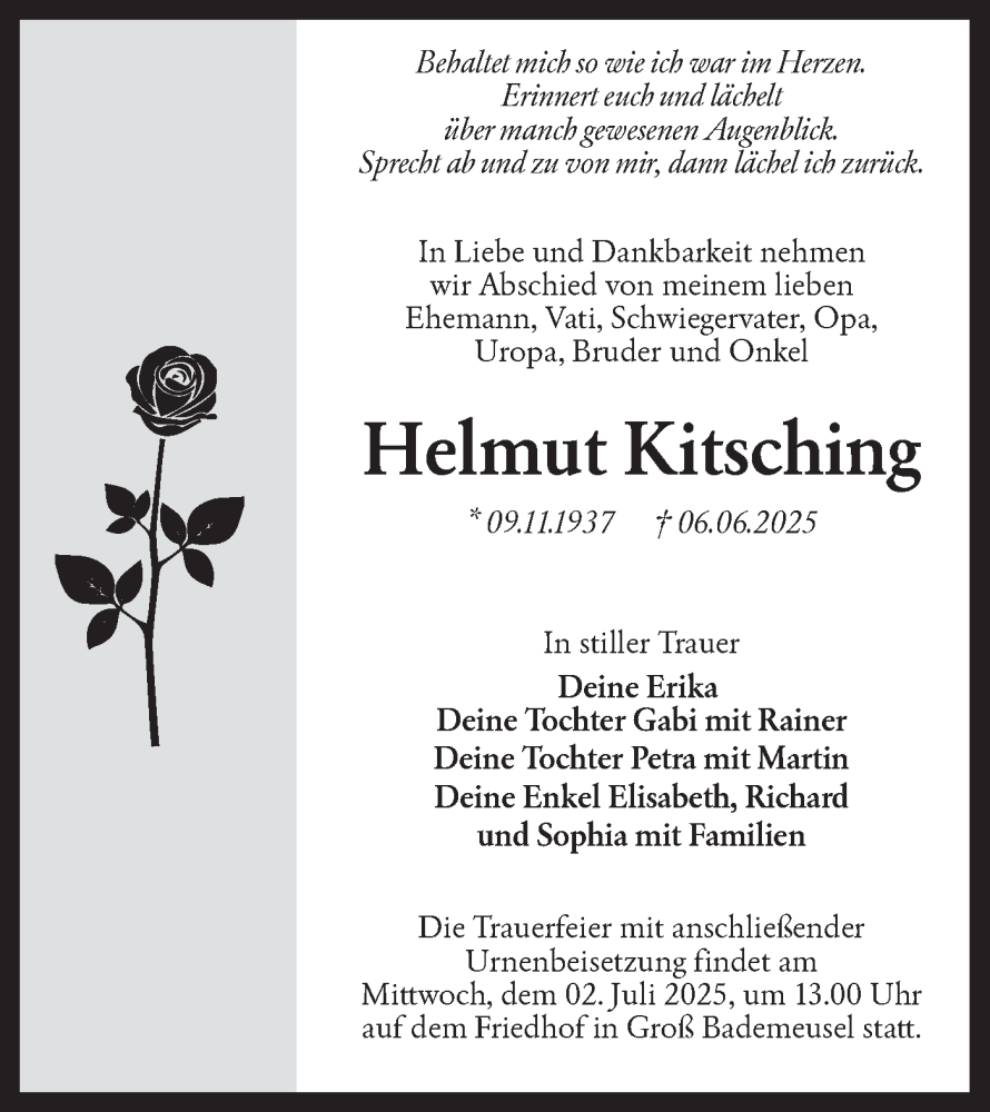  Traueranzeige für Helmut Kitsching vom 21.06.2025 aus Lausitzer Rundschau
