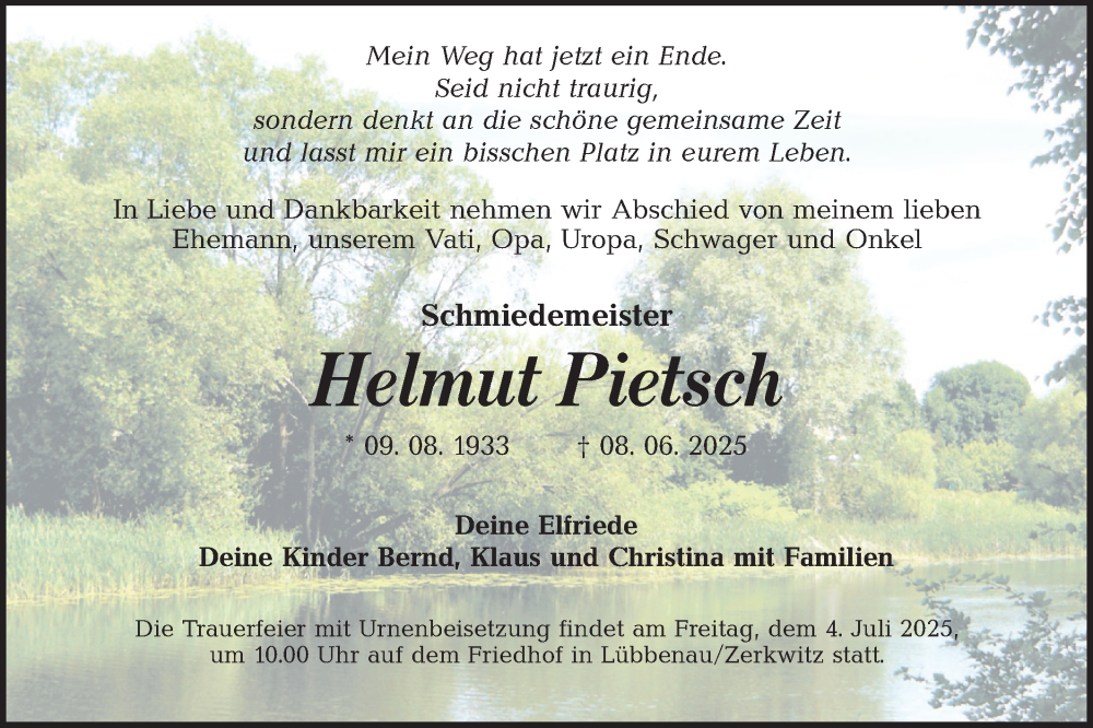  Traueranzeige für Helmut Pietsch vom 14.06.2025 aus Lausitzer Rundschau