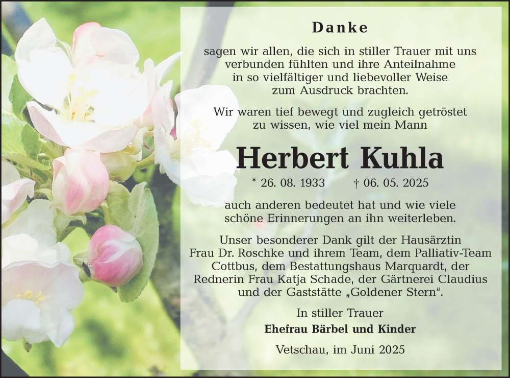  Traueranzeige für Herbert Kuhla vom 07.06.2025 aus Lausitzer Rundschau