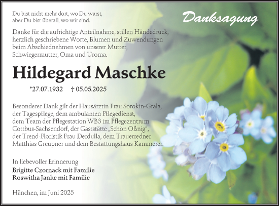 Traueranzeige von Hildegard Maschke von Lausitzer Rundschau