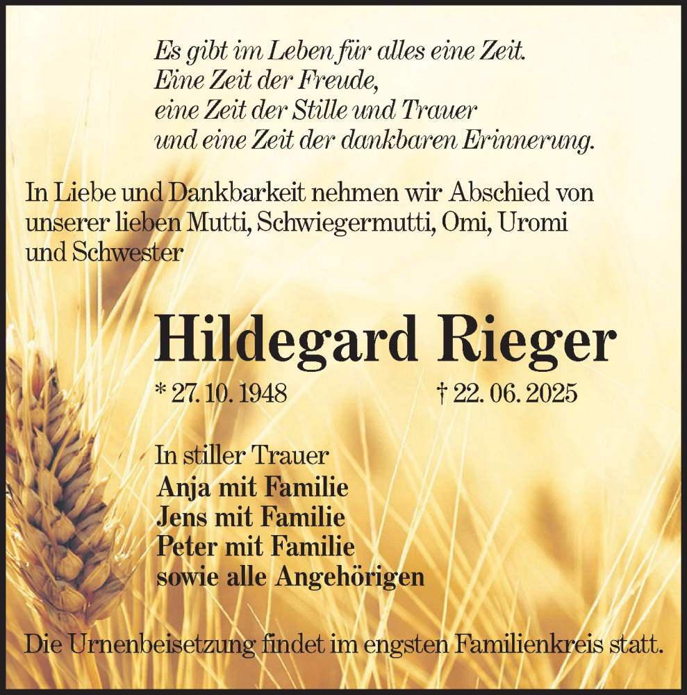  Traueranzeige für Hildegard Rieger vom 28.06.2025 aus Lausitzer Rundschau