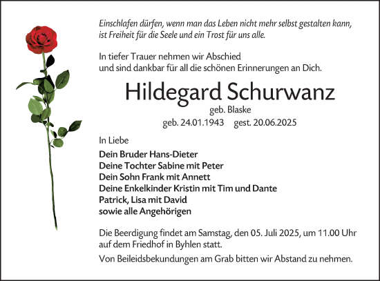 Traueranzeige von Hildegard Schurwanz von Lausitzer Rundschau