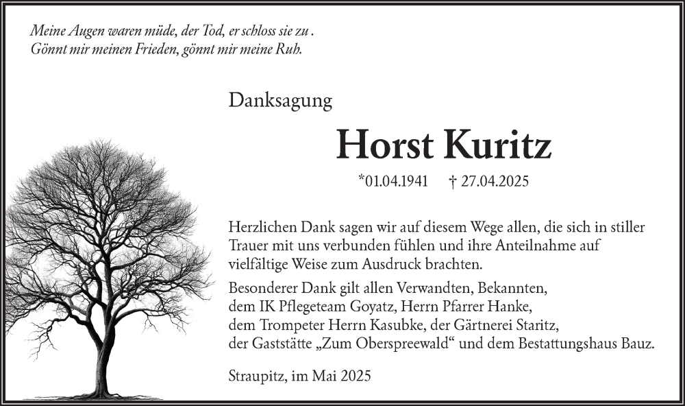  Traueranzeige für Horst Kuritz vom 07.06.2025 aus Lausitzer Rundschau