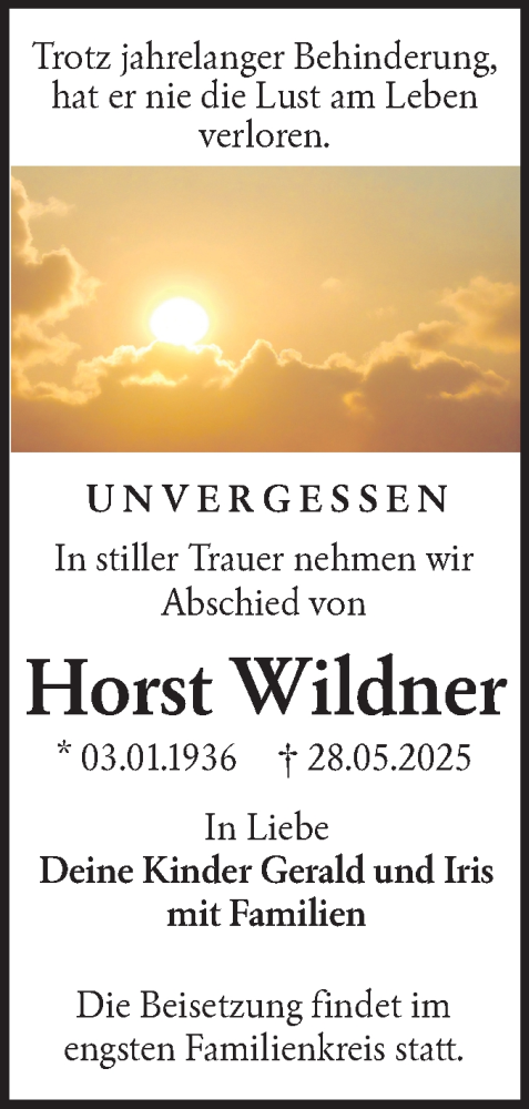 Traueranzeige von Horst Wildner von Lausitzer Rundschau