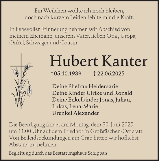 Traueranzeige von Hubert Kanter von Lausitzer Rundschau