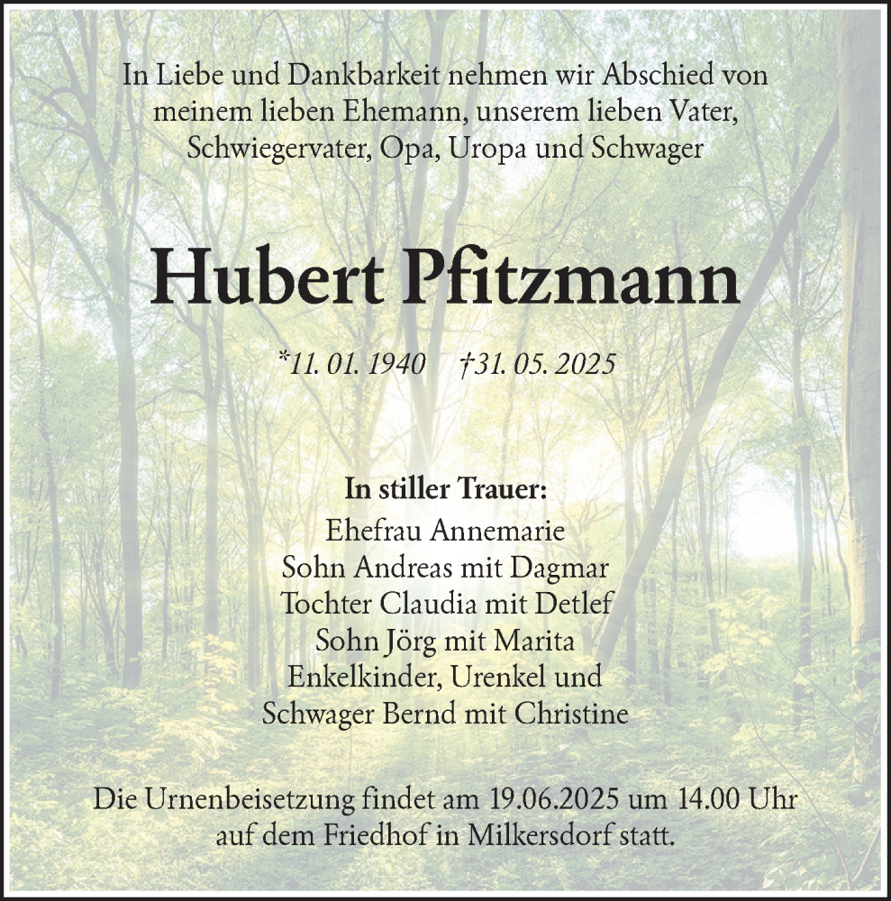  Traueranzeige für Hubert Pfitzmann vom 07.06.2025 aus Lausitzer Rundschau