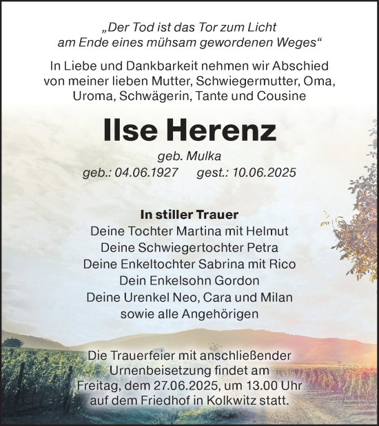 Traueranzeige von Ilse Herenz von Lausitzer Rundschau