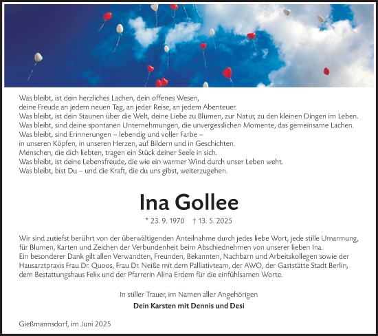 Traueranzeige von Ina Gollee von Lausitzer Rundschau