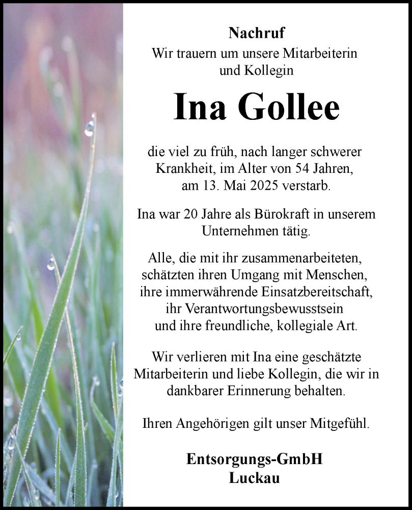  Traueranzeige für Ina Gollee vom 07.06.2025 aus Lausitzer Rundschau