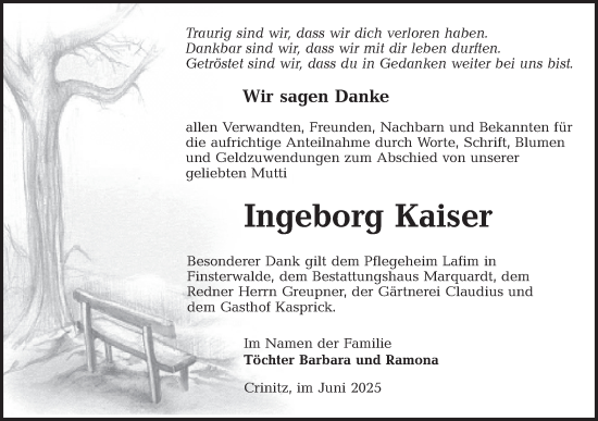 Traueranzeige von Ingeborg Kaiser von Lausitzer Rundschau
