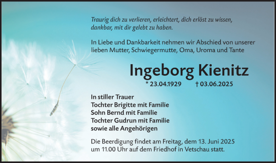 Traueranzeige von Ingeborg Kienitz von Lausitzer Rundschau