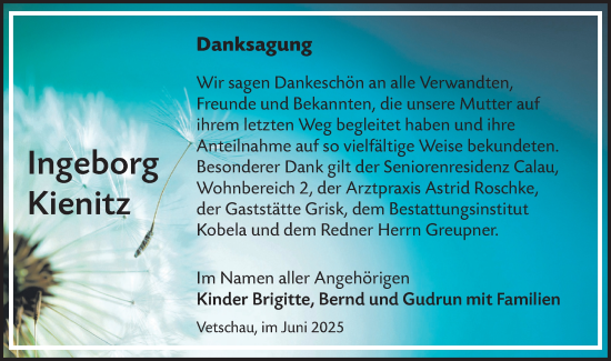 Traueranzeige von Ingeborg Kienitz von Lausitzer Rundschau