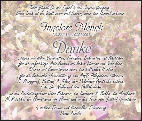 Traueranzeige von Ingelore Mengk von Lausitzer Rundschau